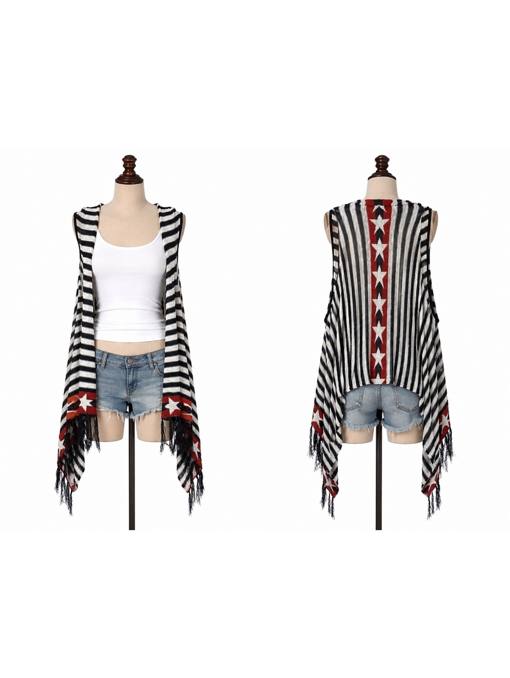 One World Americana Patriotic Star Striped Fringe Open Front Cardigan M